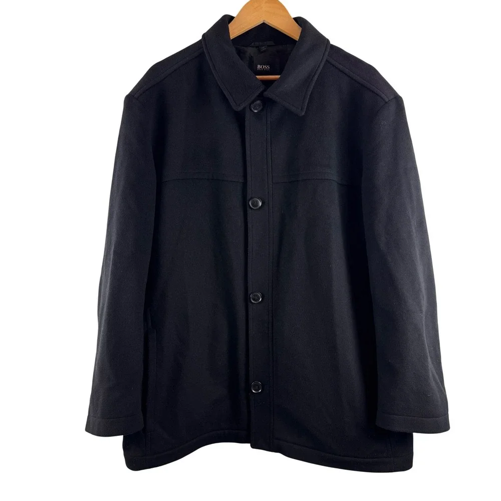 Hugo Boss Chester Coat Mens 44R Black Virgin Wool Cashmere Blend Button Front